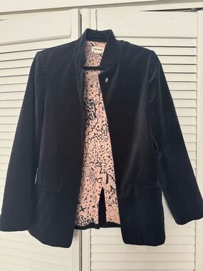 Zadig & Voltaire Black Velvet Open-Front Blazer with Pink Patterned Lining 38